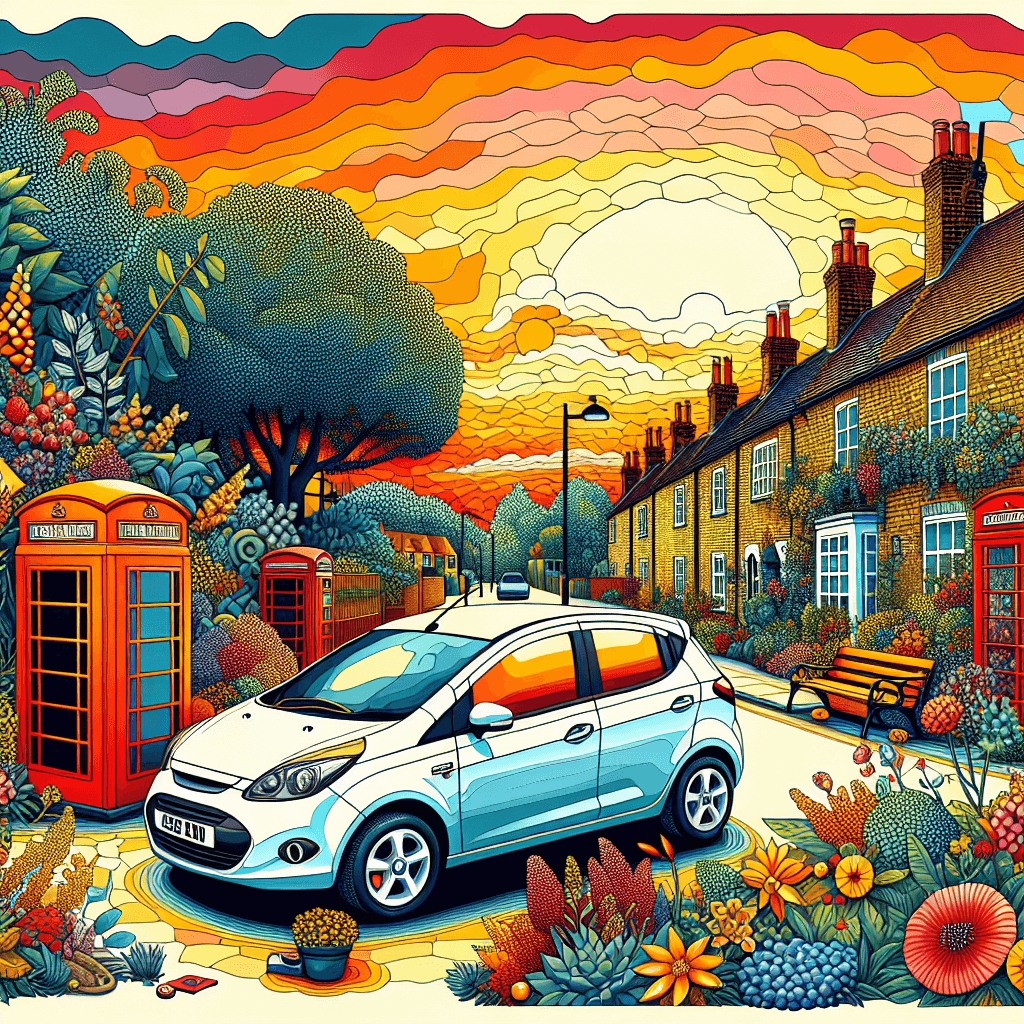 City car on a Hendon street, sunset, phone boxes, garden