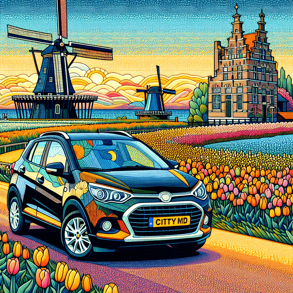City car amidst windmill, royal palace, and tulip fields