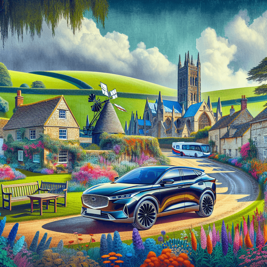 Car amidst Kent hills, oast houses, cathedral, windmill, gardens