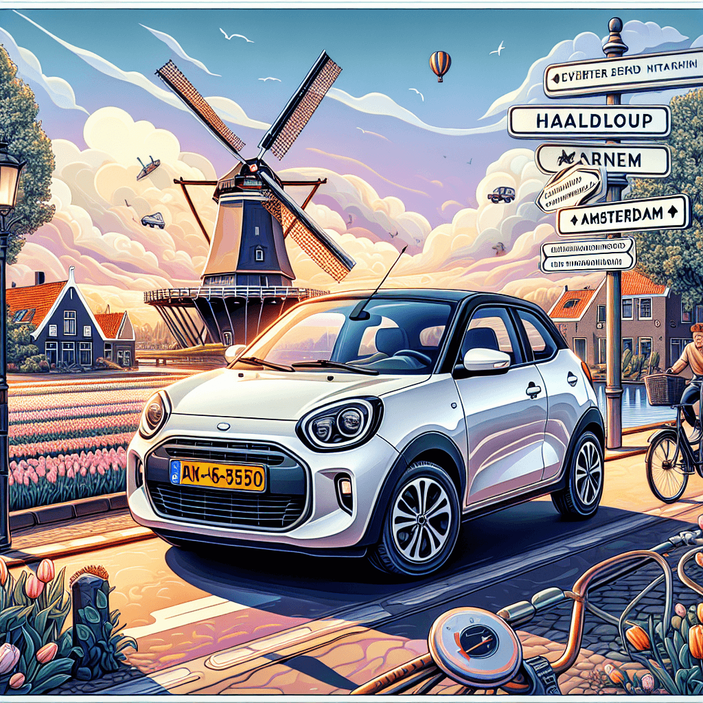 City car in Hoofddorp, windmills, tulips, road signs, bicyclist