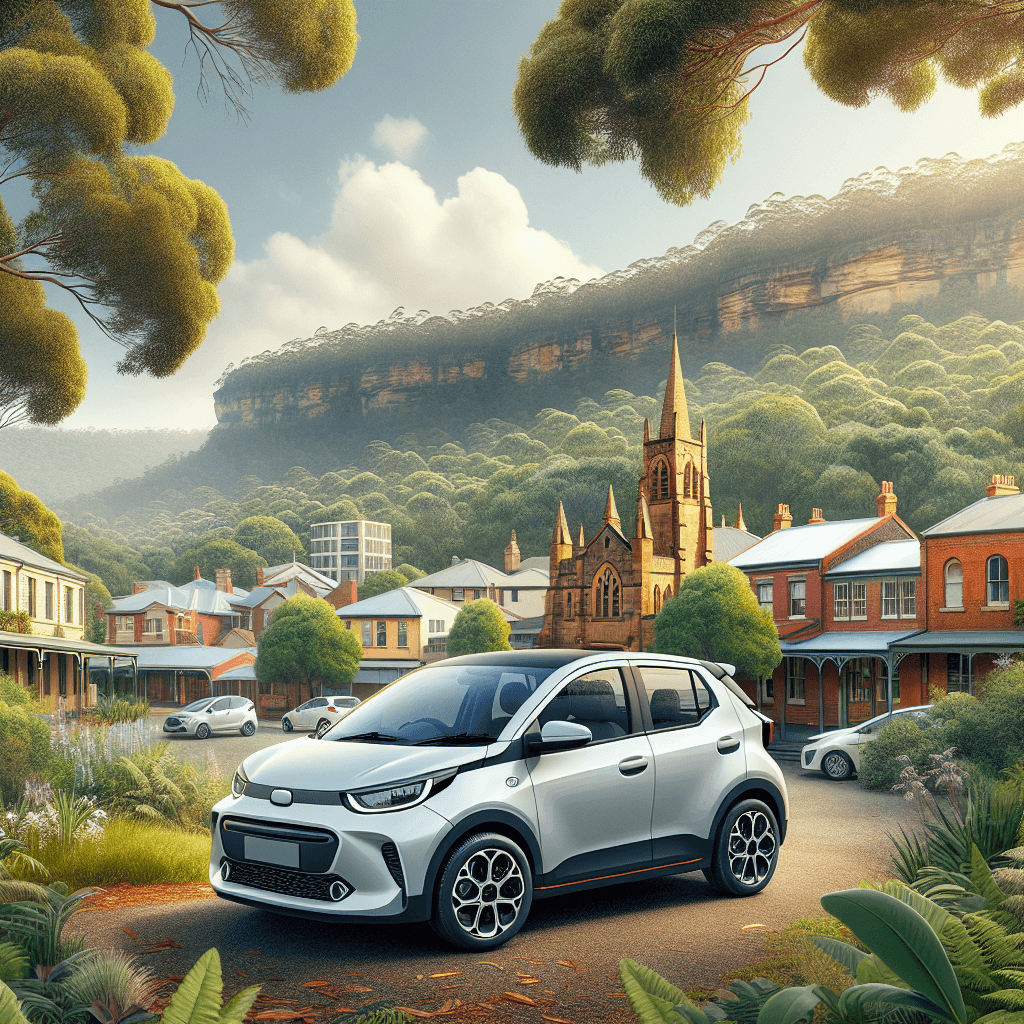 Joyful city car amidst vibrant Hornsby architecture and greenery
