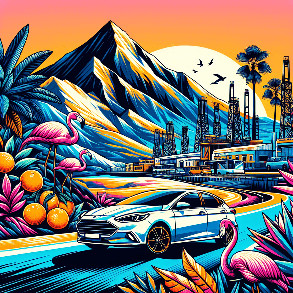 City car on a road, surrounded by palms, oranges, flamingoe, and mines with Sierra de Aracena in the background