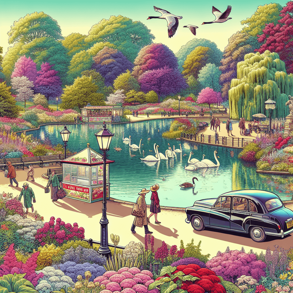 Urban car in Hyde Park with swans, ice-cream cart, flowers