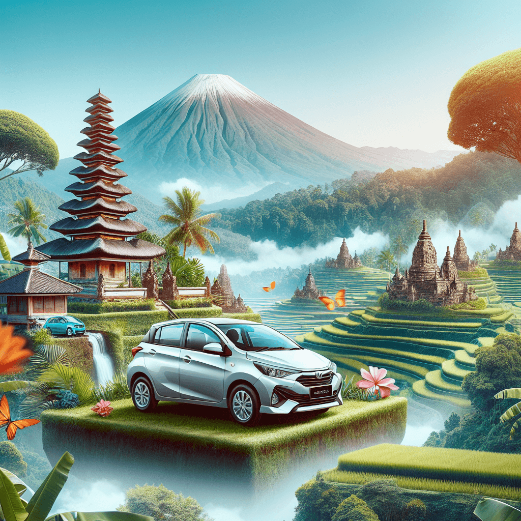 Coche de ciudad, paisaje indonesio, montañas, vegetación, templo