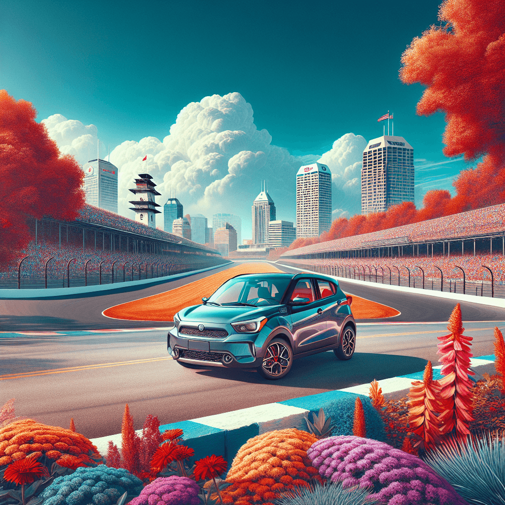 City car in Indianapolis landscape, speedway, flowers, autumn trees