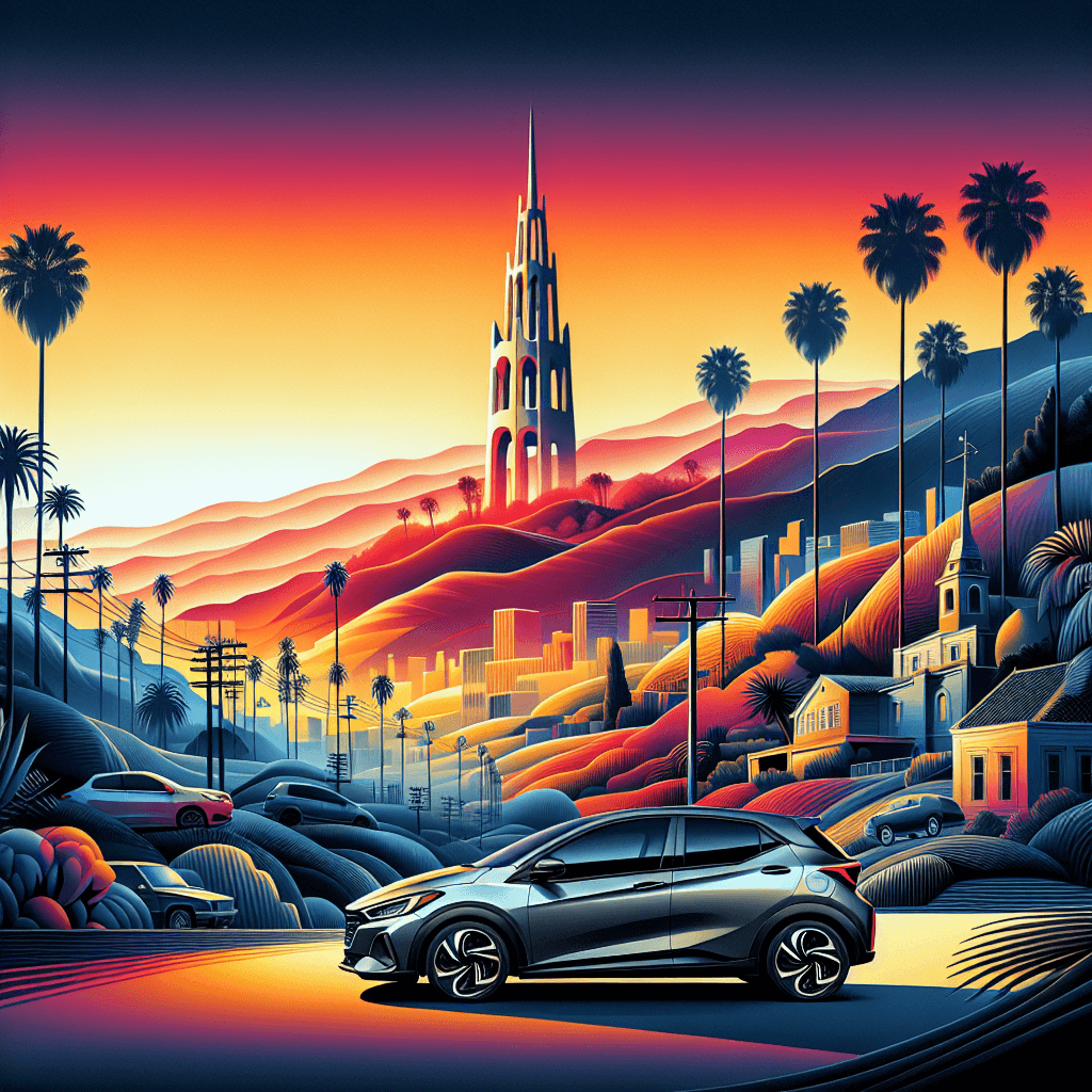 City car beneath Irvine sunset with palm trees