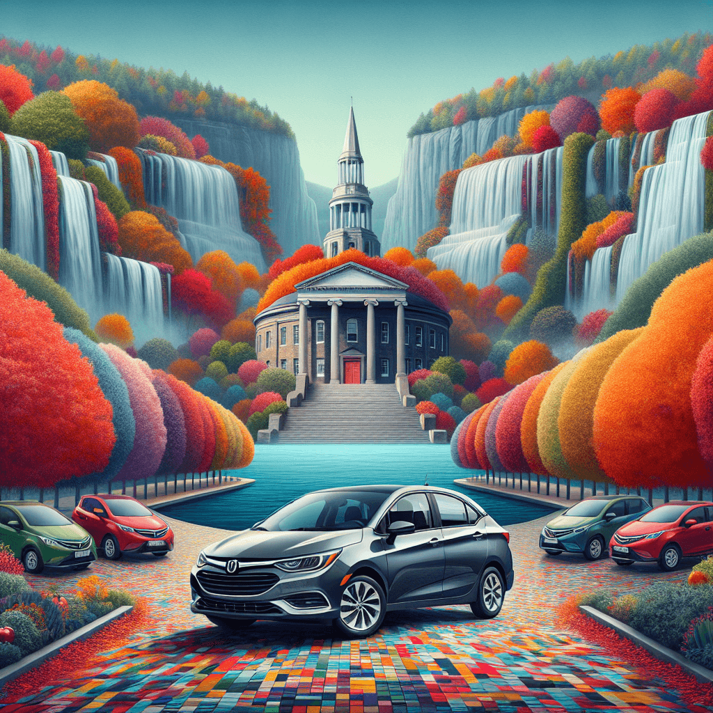 City car amidst Ithaca's fall foliage, waterfalls, and lake
