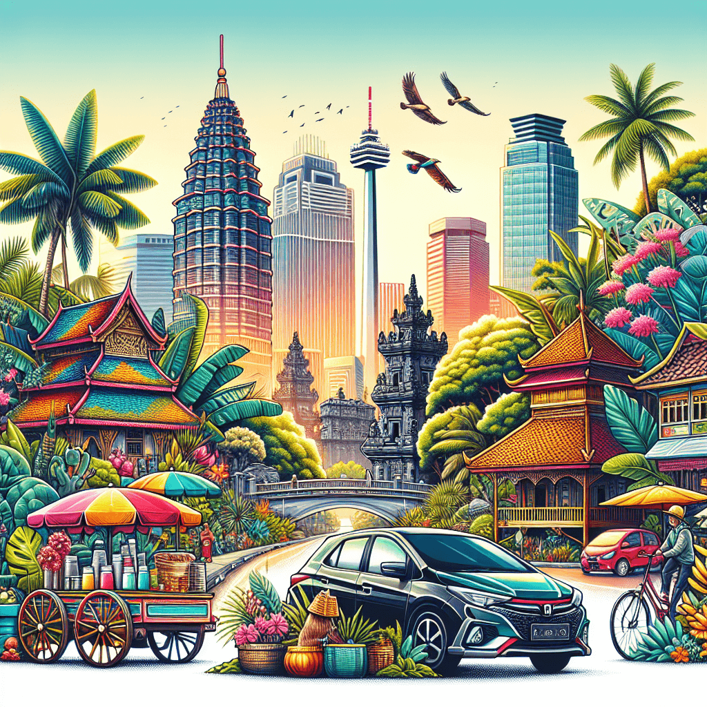 City car amidst vibrant Jakarta streetlife, tropical foliage and towering Monas