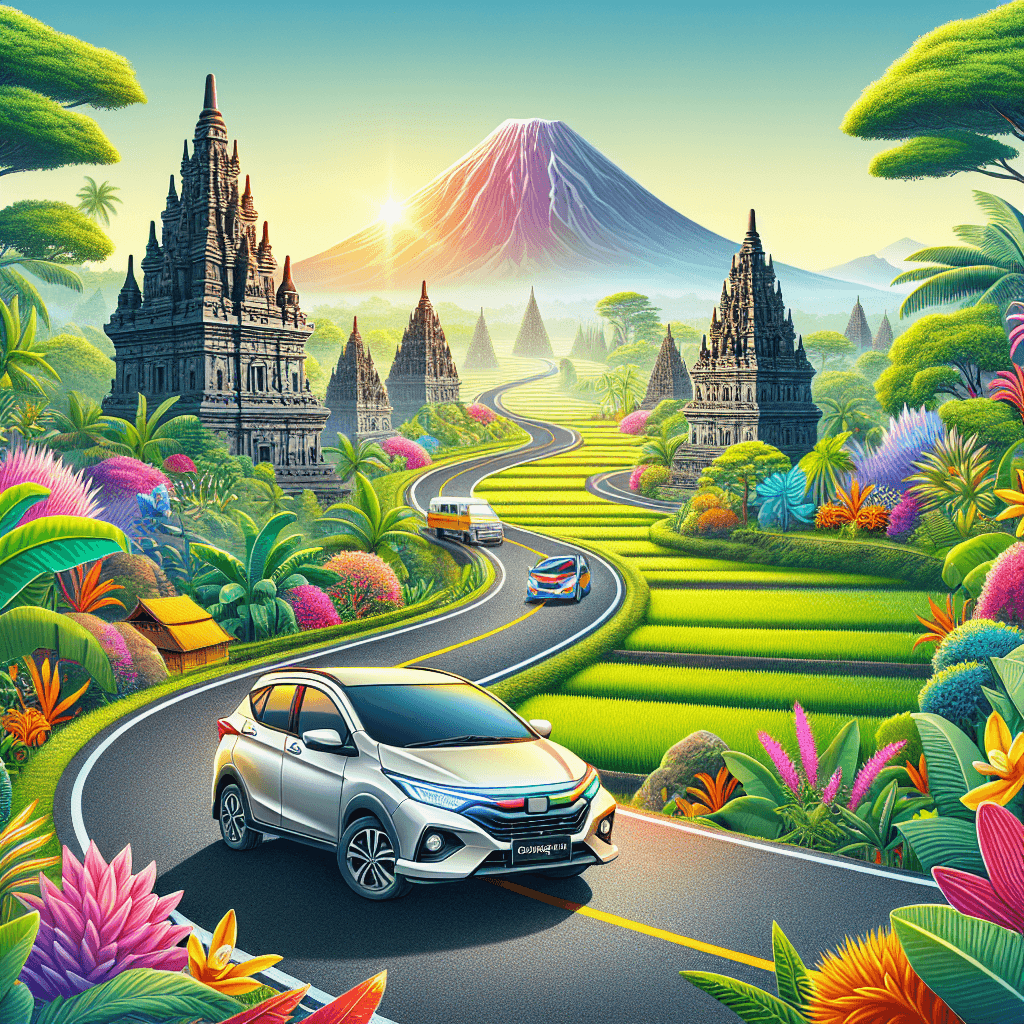 City car on a vibrant Yogyakarta landscape with temples and volcano