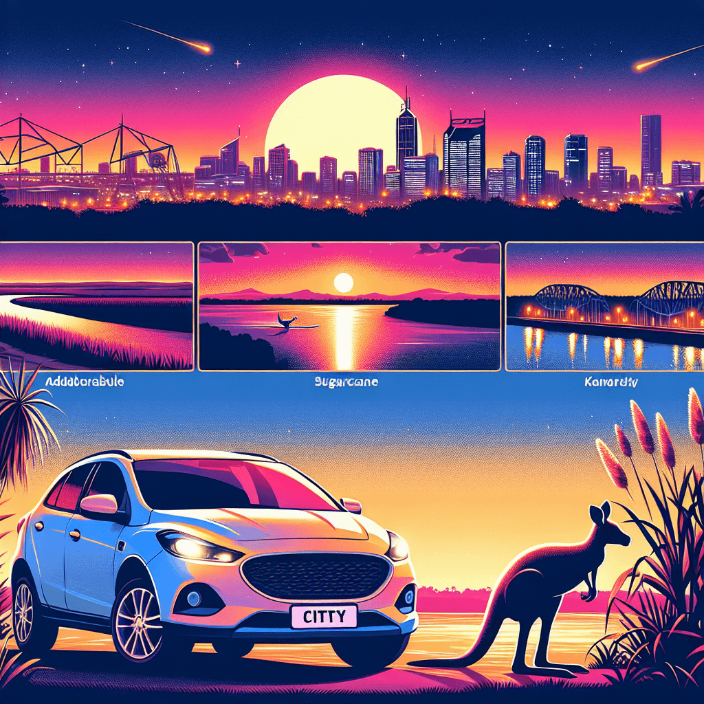 City car near kangaroo, river and sugarcane at sunset