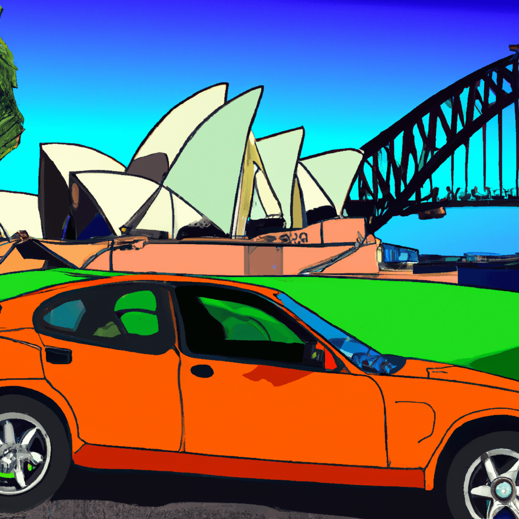 City car amidst Australian setting with kangaroos, Ayers Rock, eucalyptus trees, and the Sydney Opera House