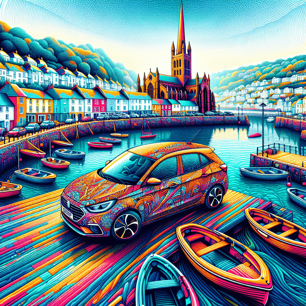 City car in lively Truro landscape with cathedral, lighthouse, and boats