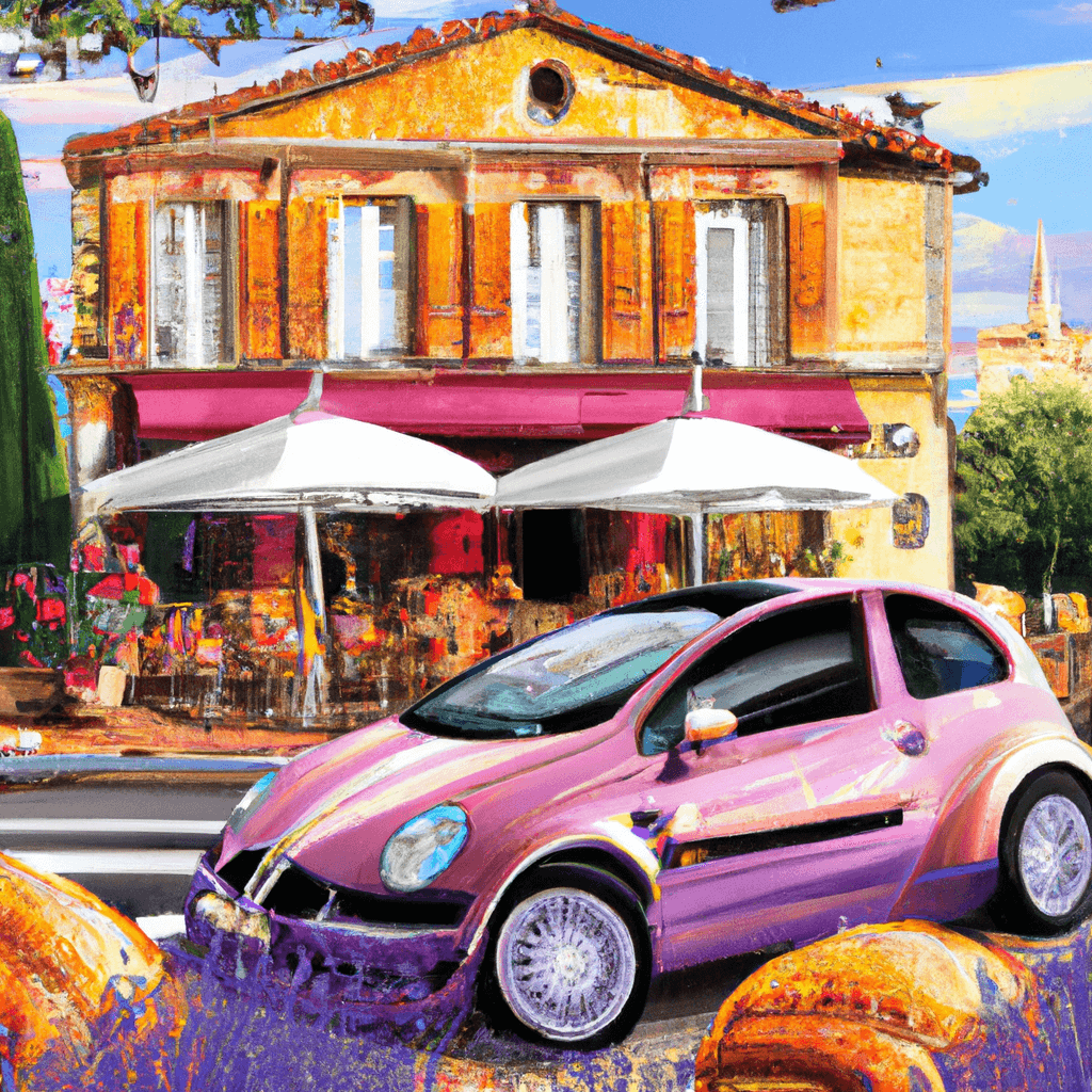 City car amidst French café, lavender fields, cycling, macaroons, sunset vineyard