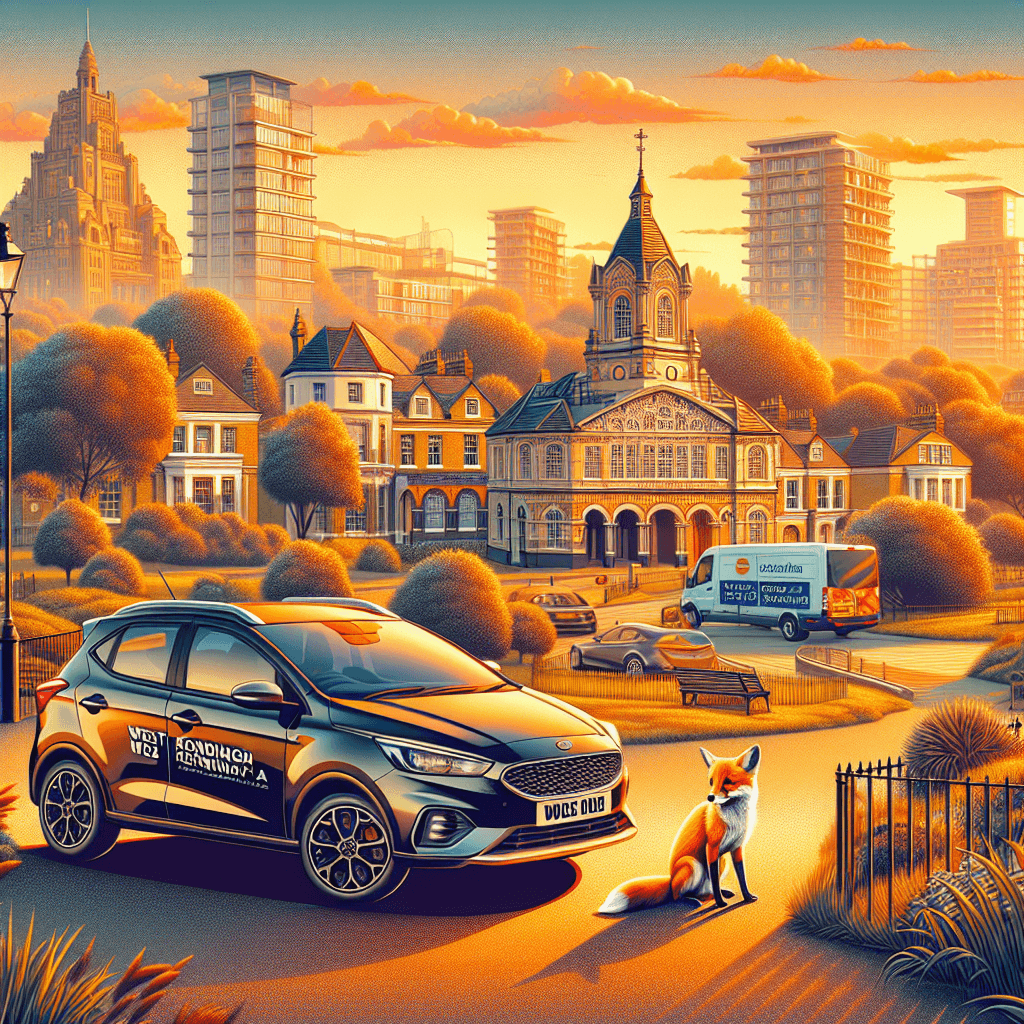 Cheerful city car hire with Kensington fox and landmarks