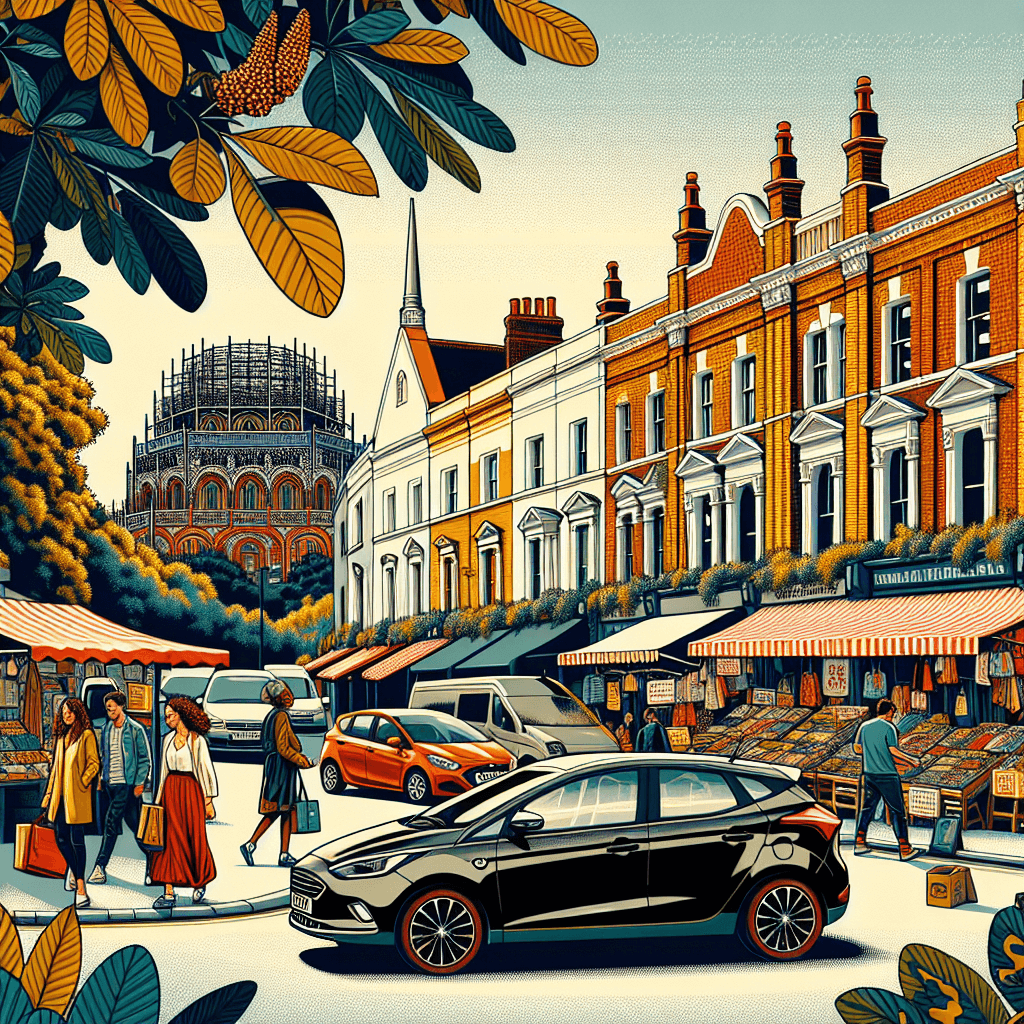 City car, Victorian townhouses, bustling market, Tricycle theatre, pedestrians.