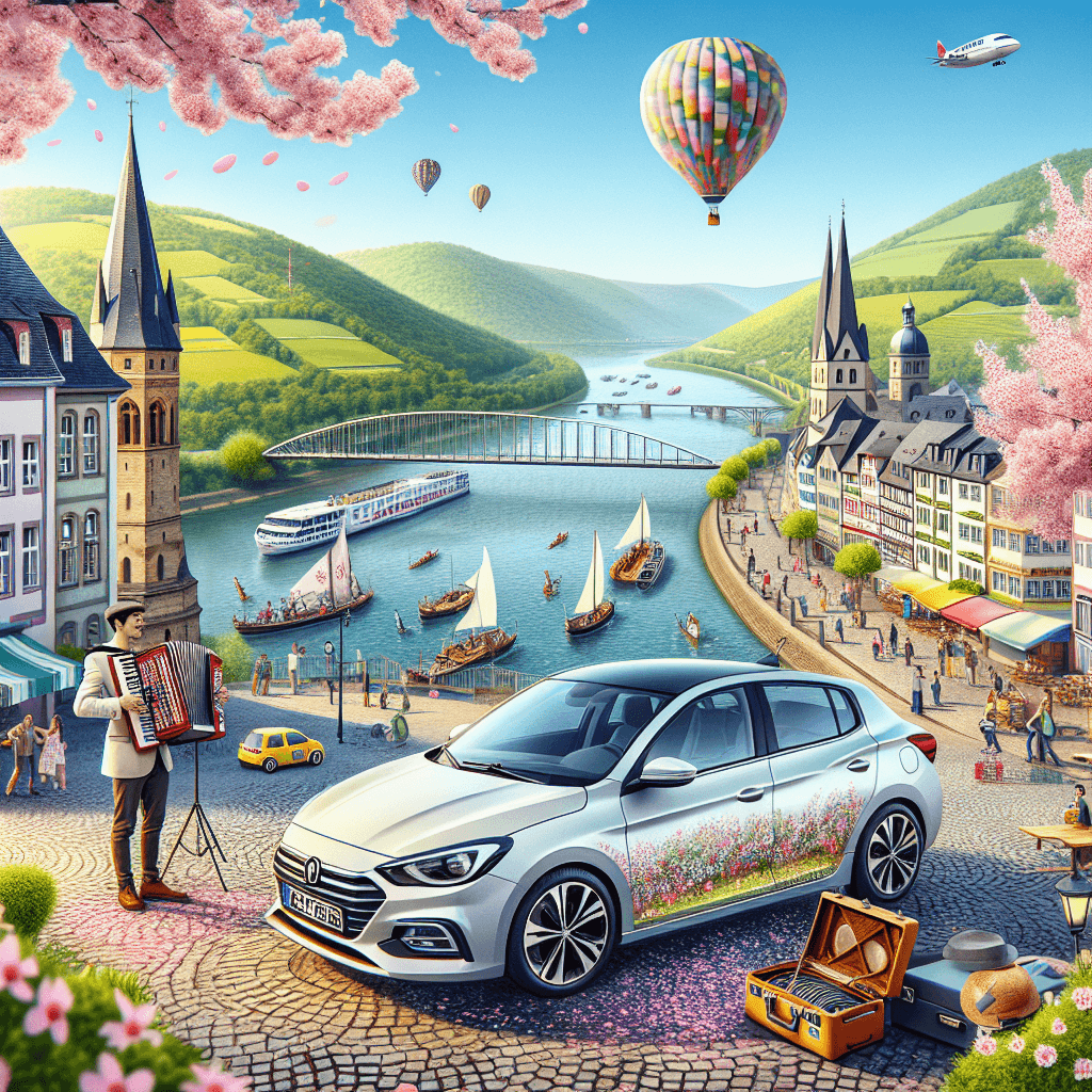 City car, Koblenz landscape, musician, cherry blossoms, hot-air balloon