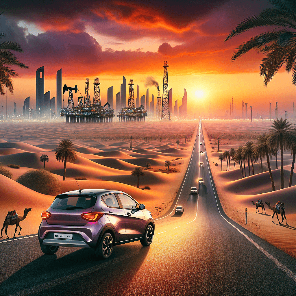 City car on desert road amid Kuwaiti landscapes