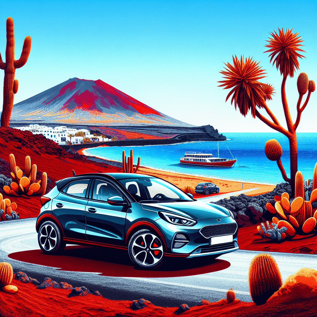 City car in vibrant Lanzarote landscape with cacti