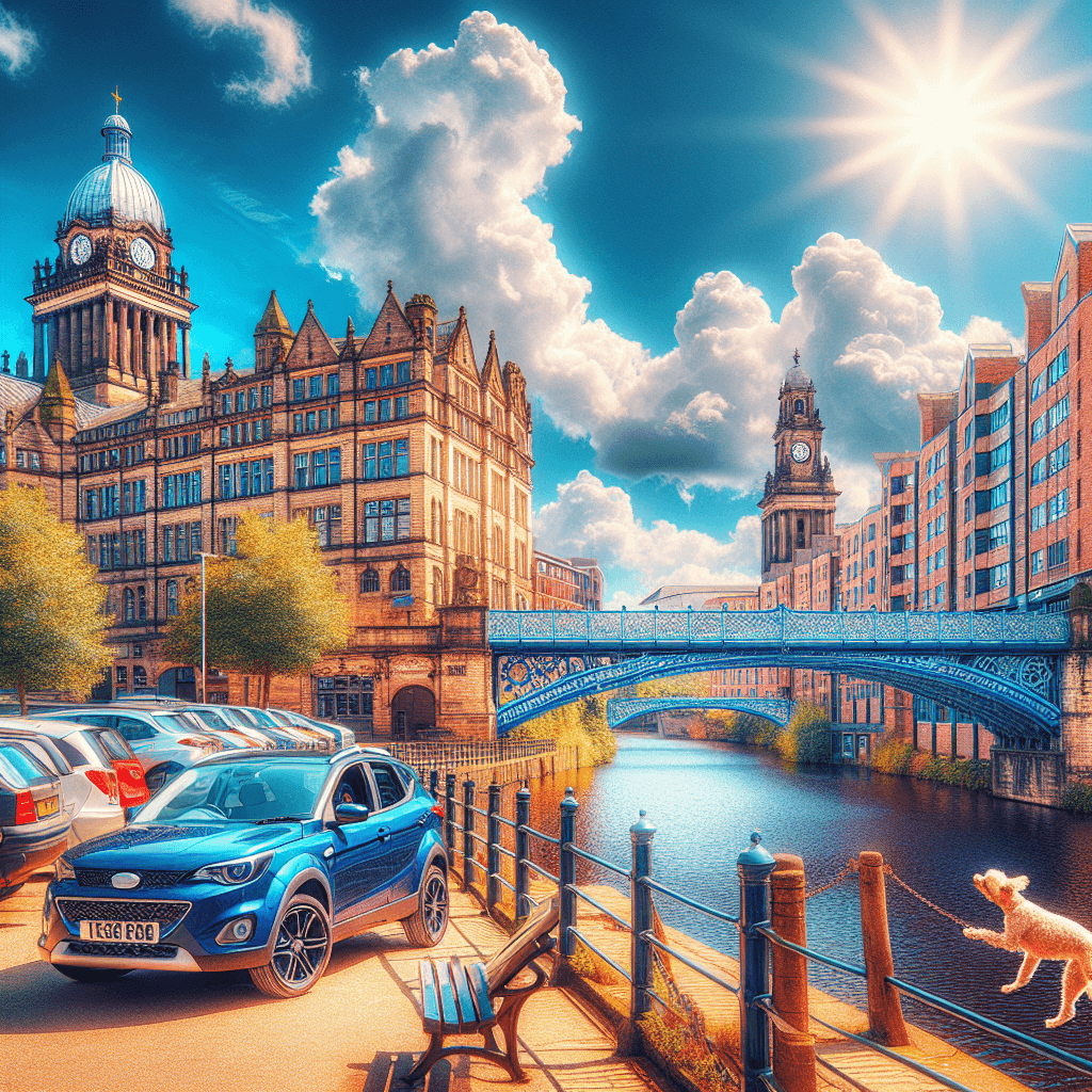 Coche en Leeds, Ayuntamiento, puente, perro y sol vibrante.