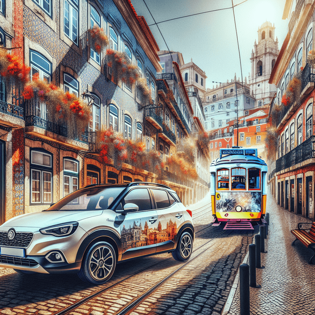 City car in Lisbon with tram, Belém Tower, and vibrant balconies