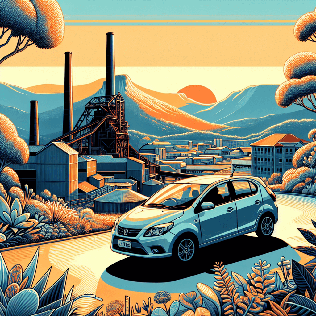 City car amidst Lithgow's landmarks, flora and enchanting sunset