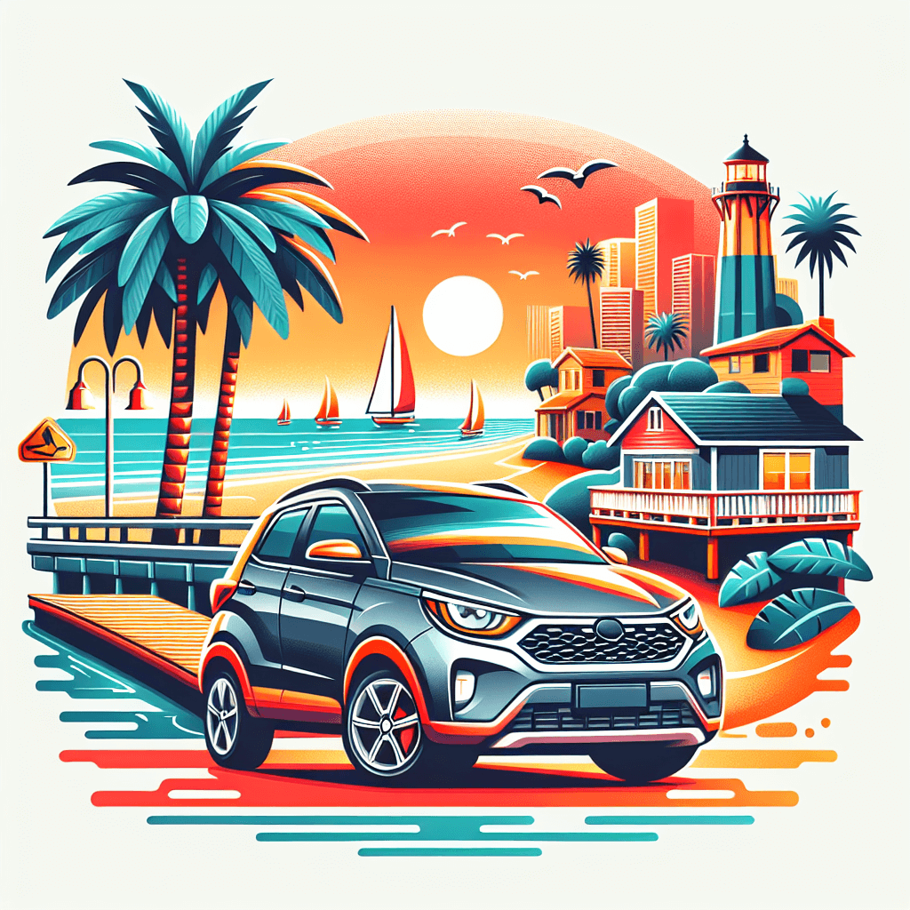 City car with palm trees, sunset, bungalow, sailboats