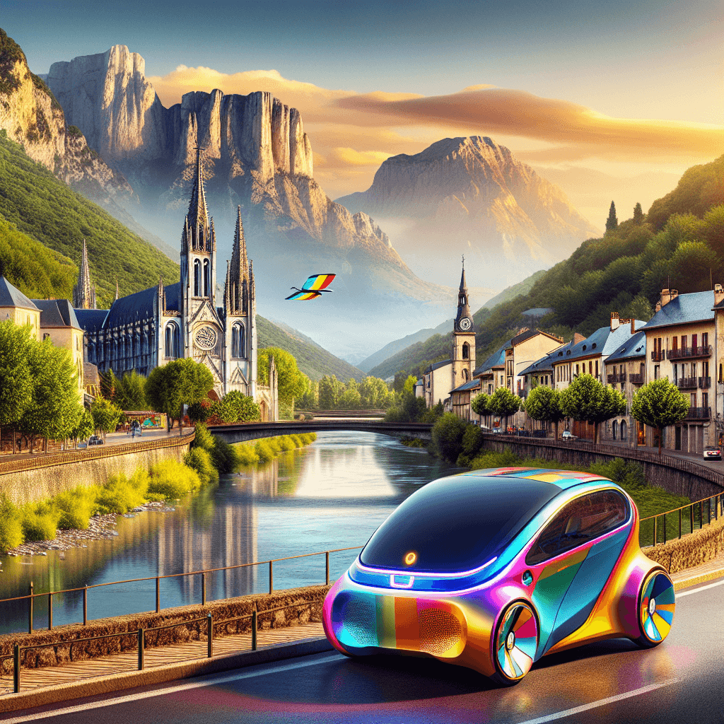 City car by Sanctuary of Lourdes, river and mountains