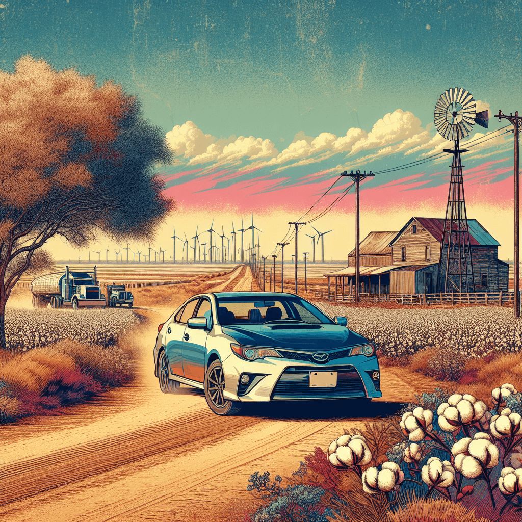 City car amidst Lubbock landscape with cotton fields, barn, windmills