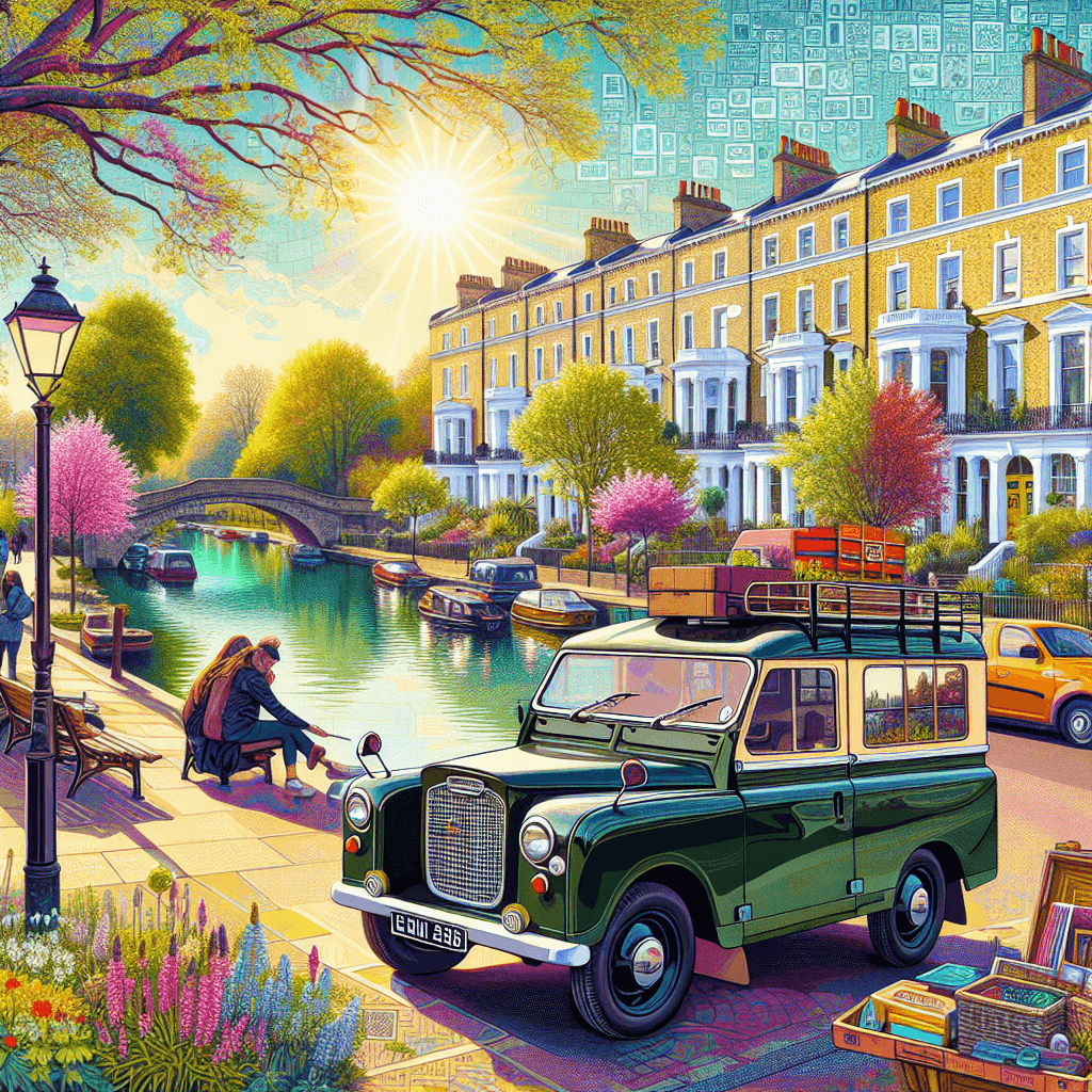 City car, Edwardian mansions, lively streets, spring gardens and waterway canal view