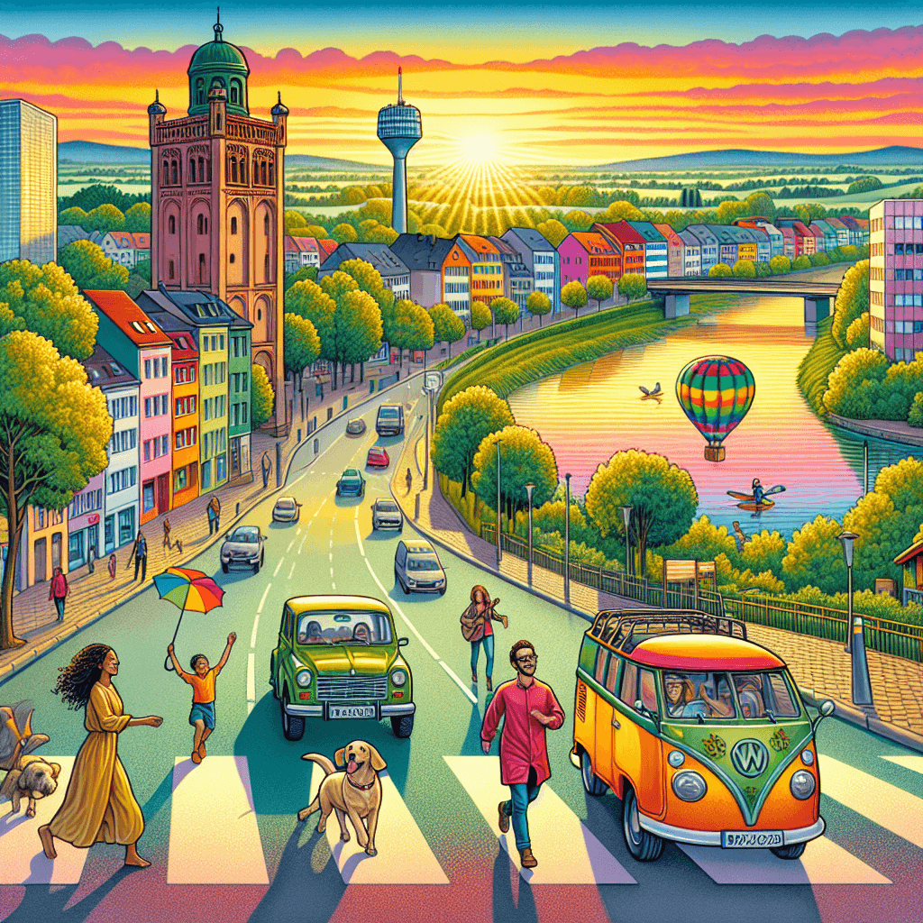 Car journeying through Mannheim's grid streets, colorful buildings, lush greenery, pedestrians, Rhine river, and sunset