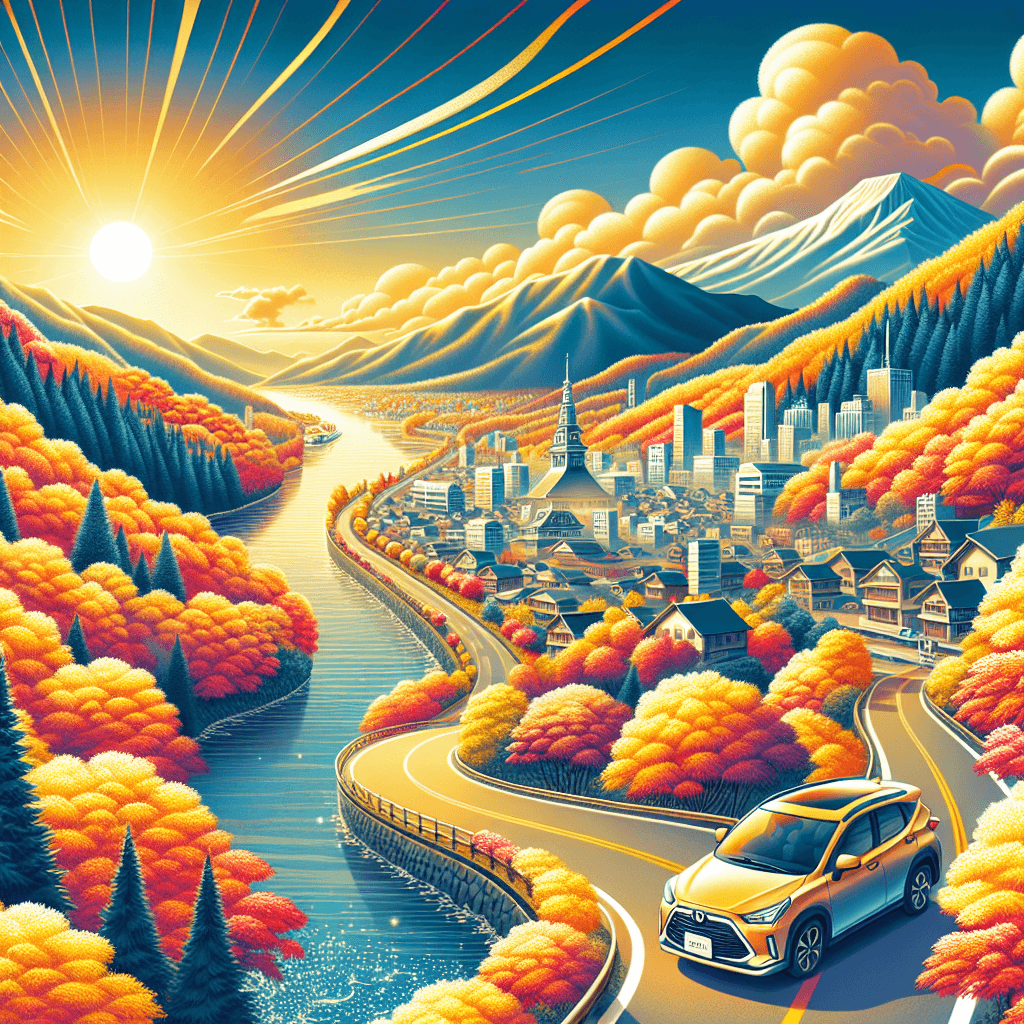 City car driving amid vibrant autumn trees, mountains, and river