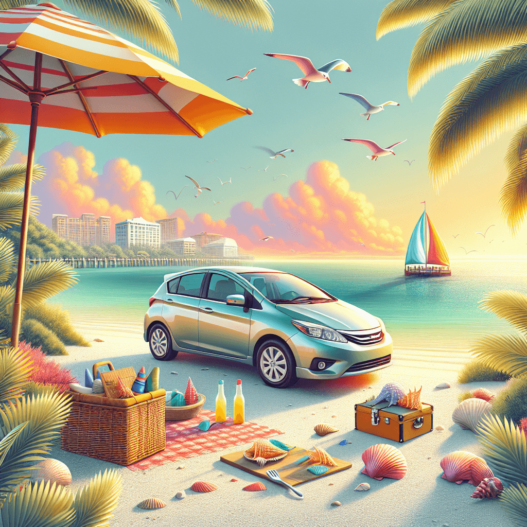 City car amidst Marco Island's sunset, seagulls, and beach picnic