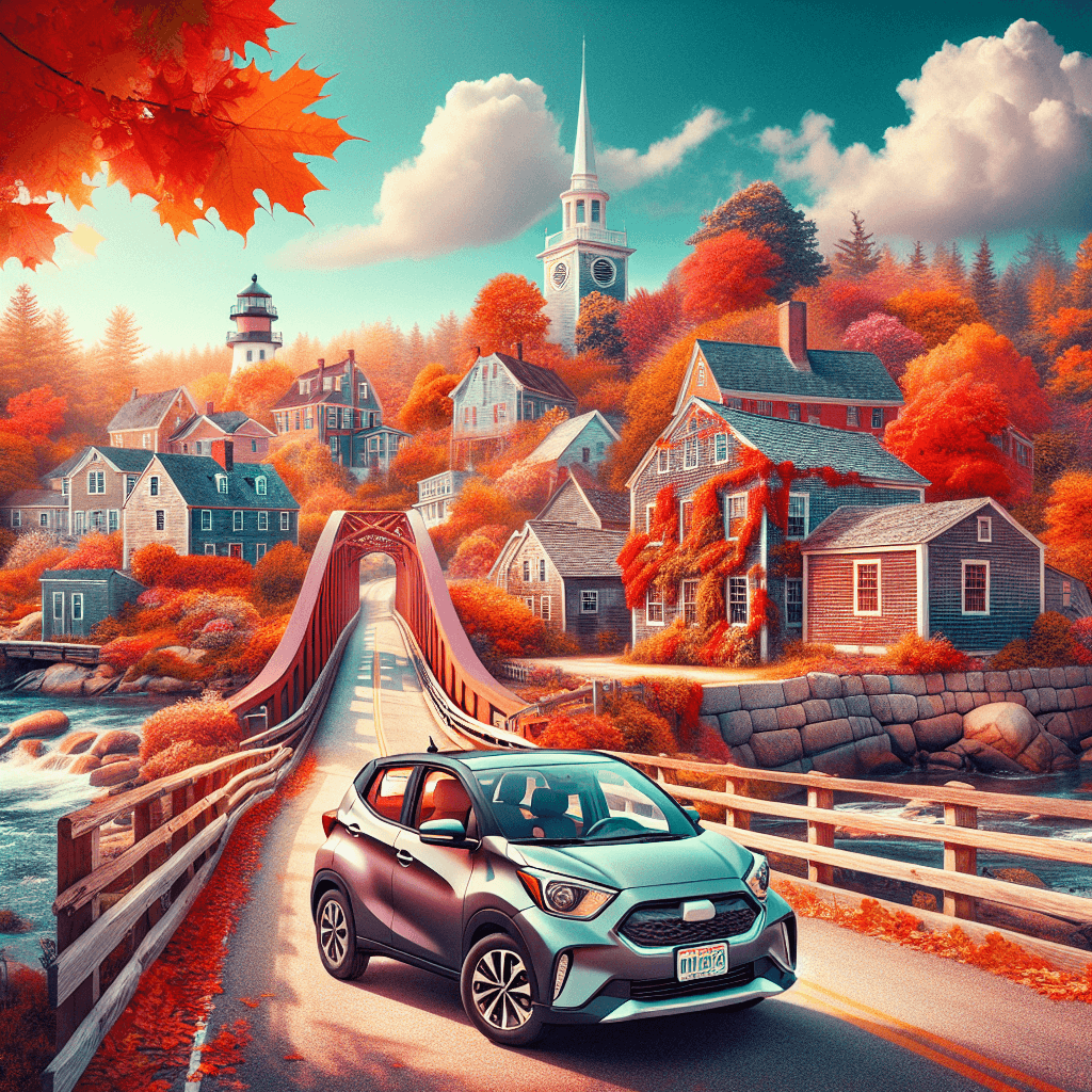 City car amidst Massachusetts autumn scenery with lighthouse
