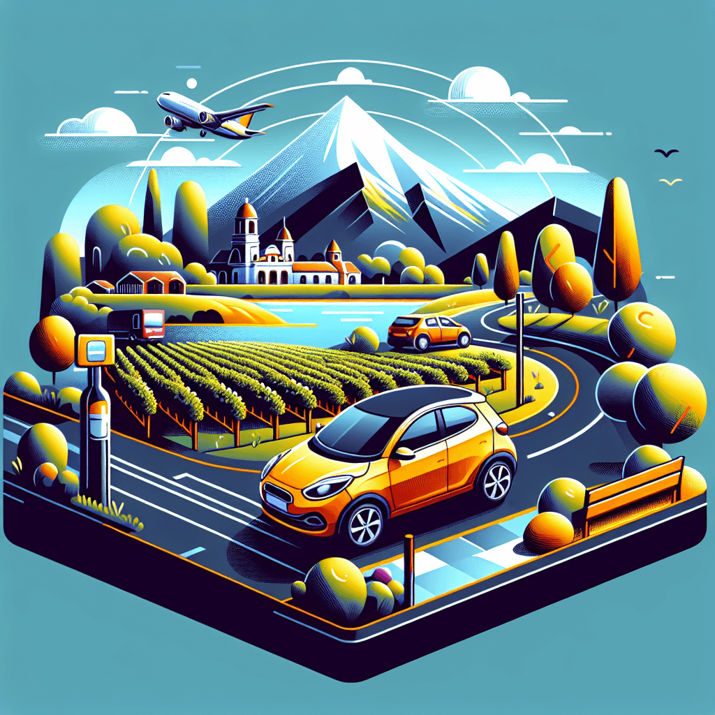 City car on winding road among vineyard, mountains, and fruit trees.