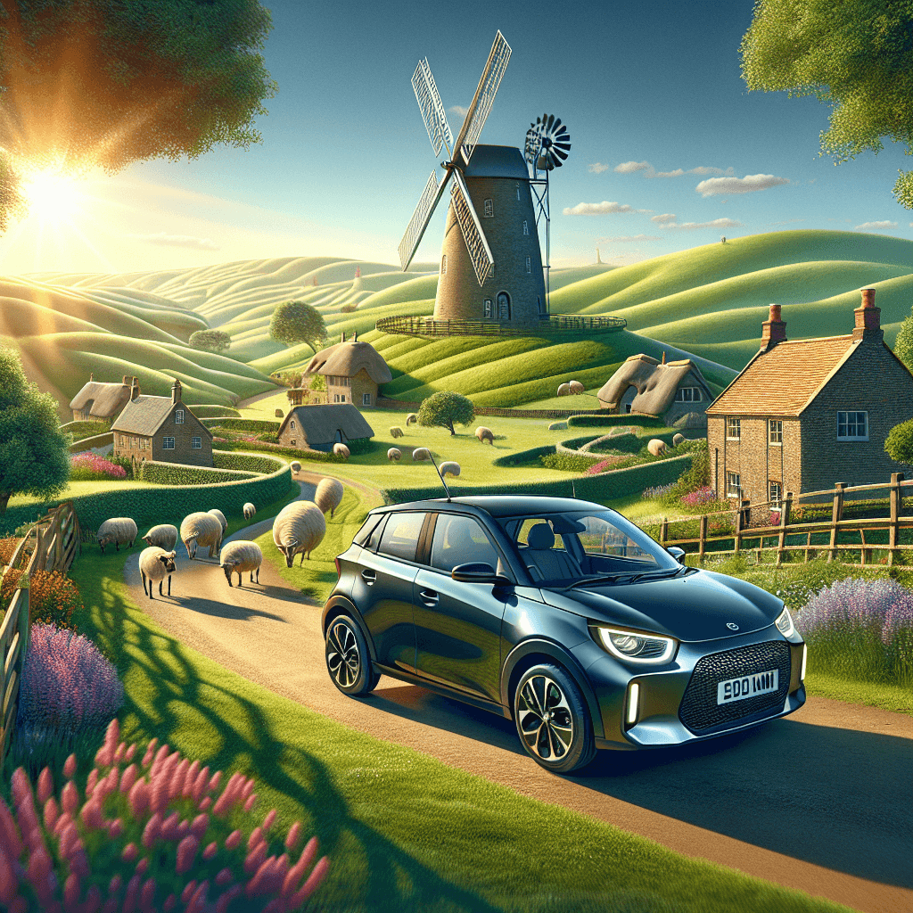 Compact city car framed by Merton's greenery, windmill and radiant sun