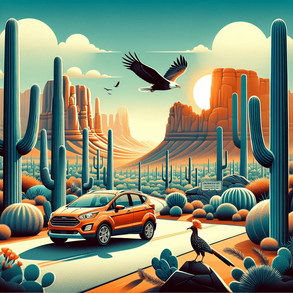 City car in Mesa scenario with cacti, wildlife and sunset