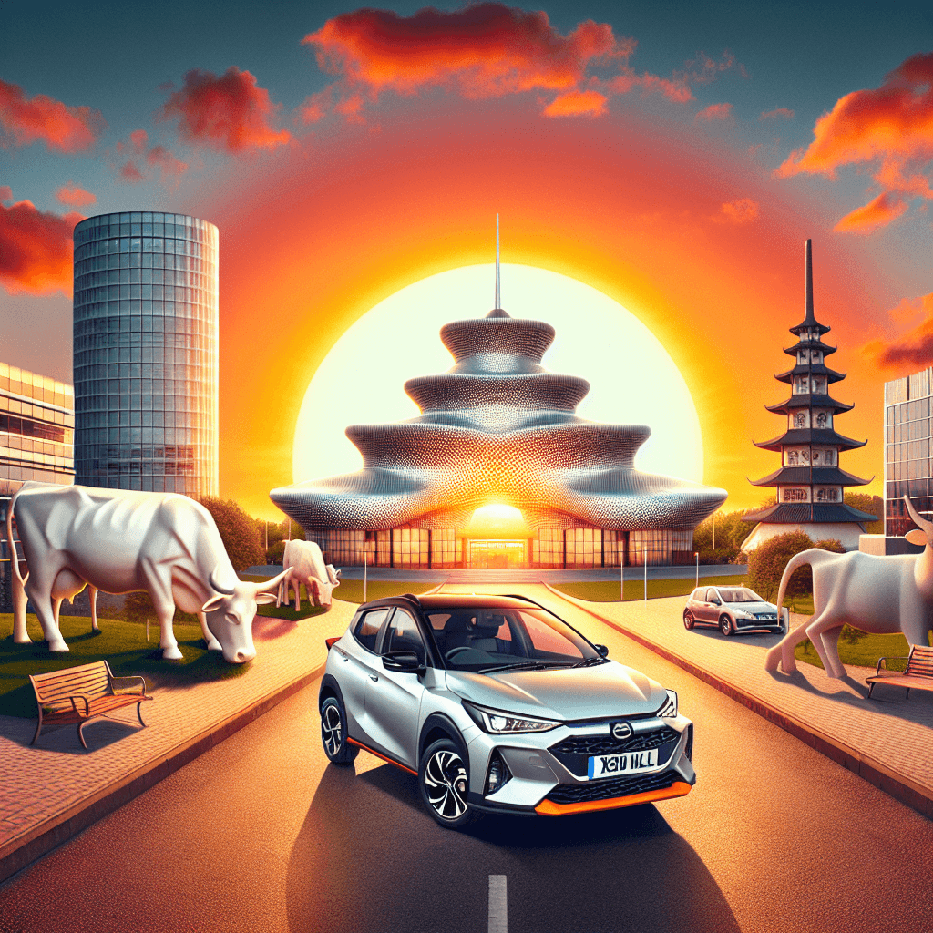 City car in Milton Keynes with concrete cows and radiant sunset