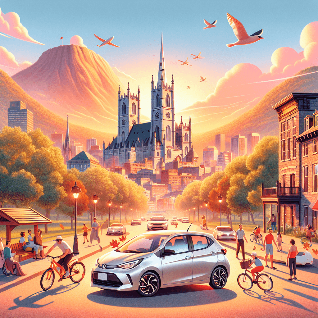 City car amidst Montreal landmarks, people enjoying sunset.