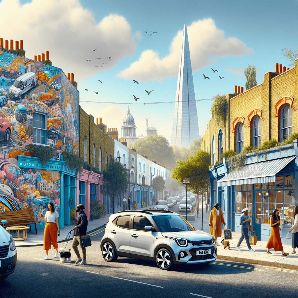 City car in New Cross, people, street murals, small coffee shop