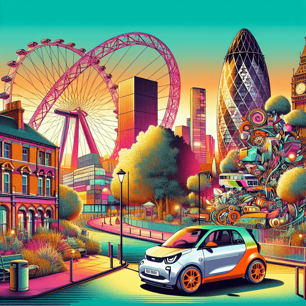 Hire-car, bustling streets, ArcelorMittal Orbit, Victorian architecture and green park