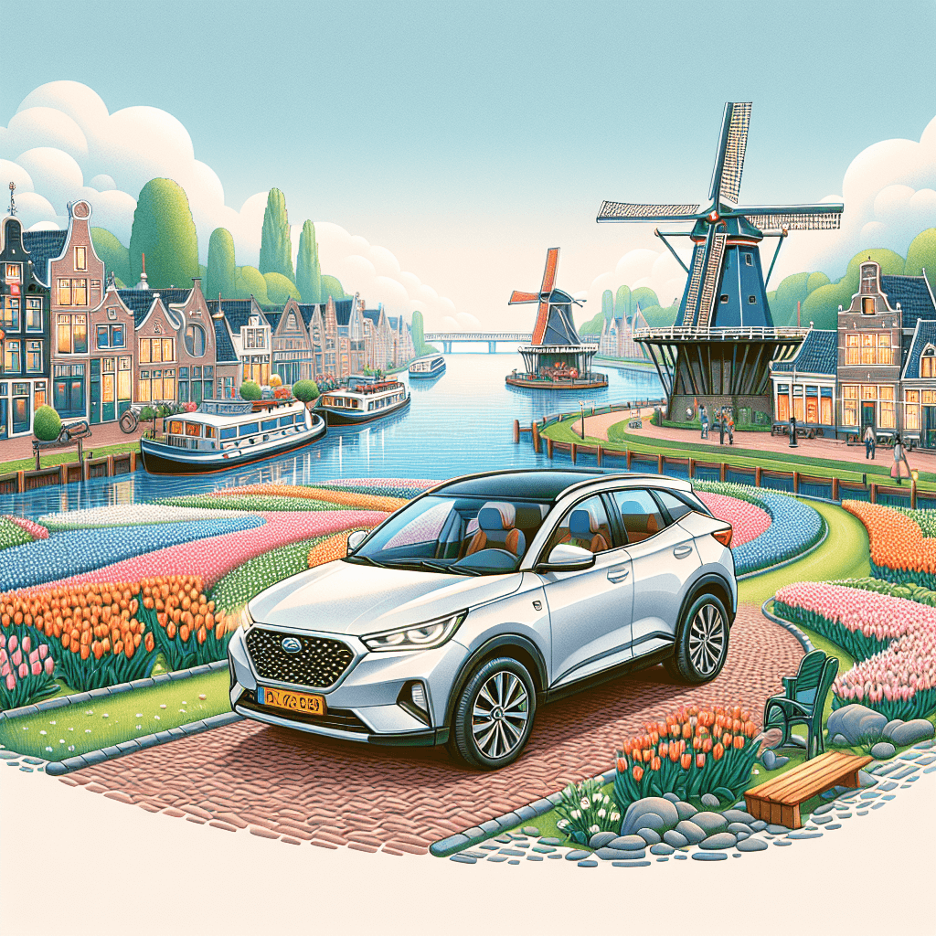 City car near Nijmegen river, windmill, and tulips