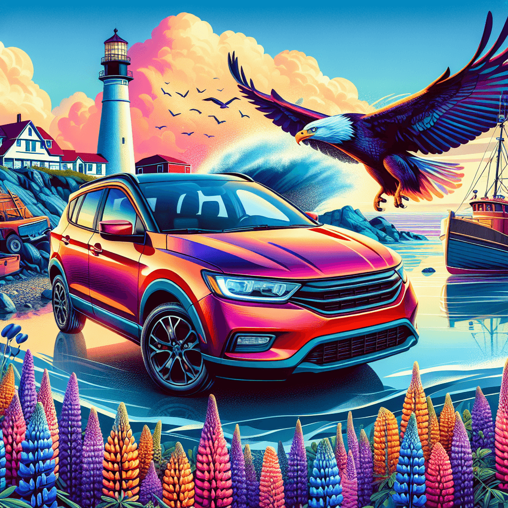 City car amidst lupines, lighthouse, boats and eagle