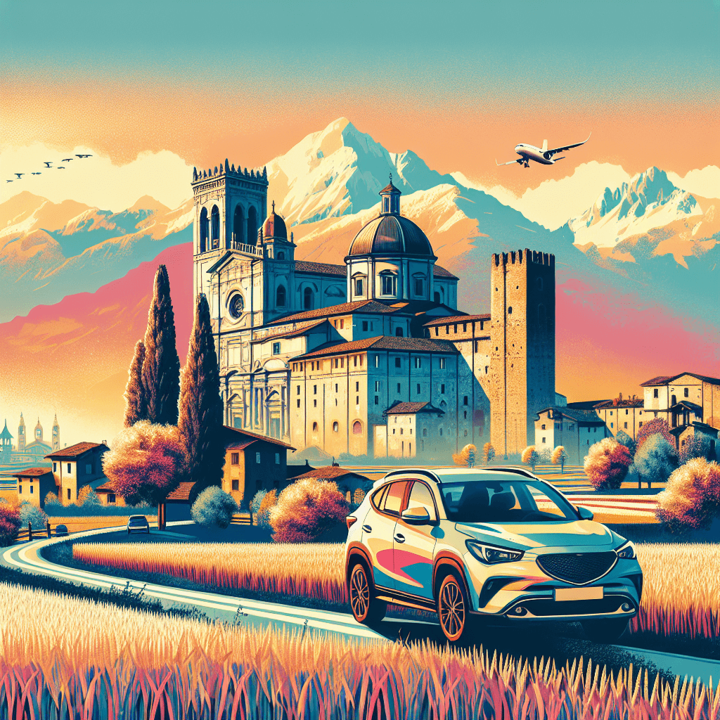 City car in Novara landscape with Basilica, ancient walls, rice fields