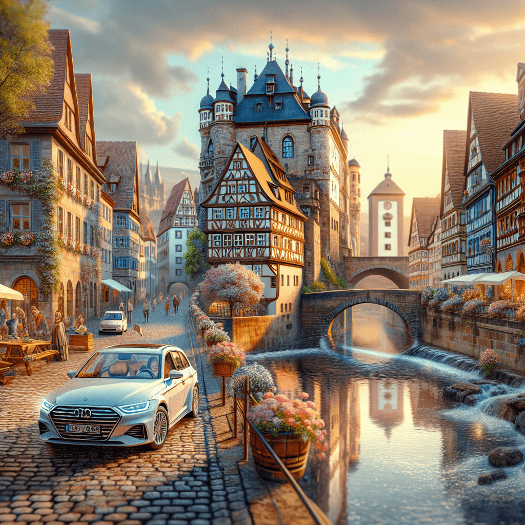 City car by the river Pegnitz, Nuremberg Castle, joyful people