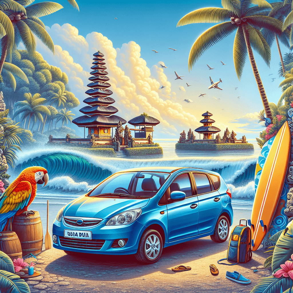 City car, tropical palms, Balinese temple, surfboard and parrot