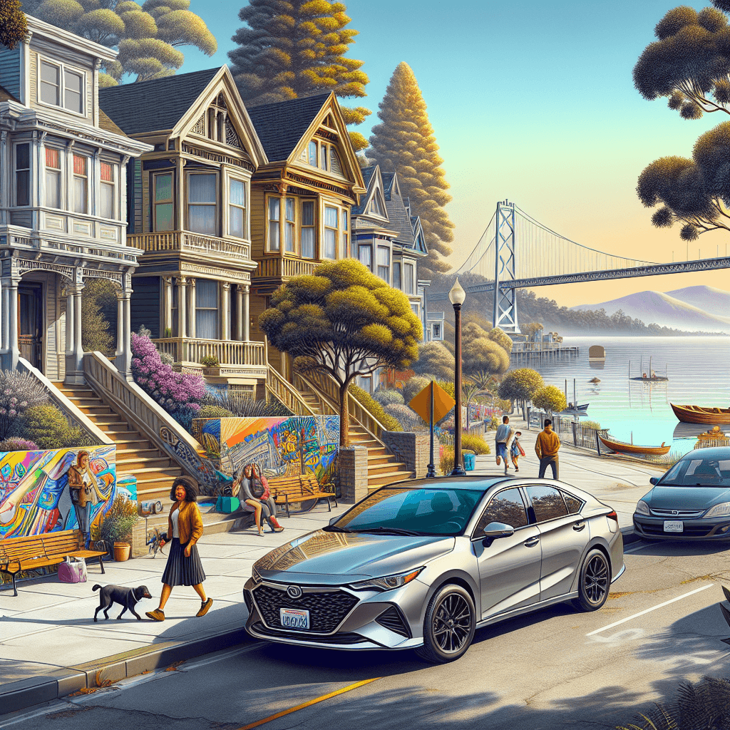 Car in Oakland landscape with Victorian homes, redwoods and street art