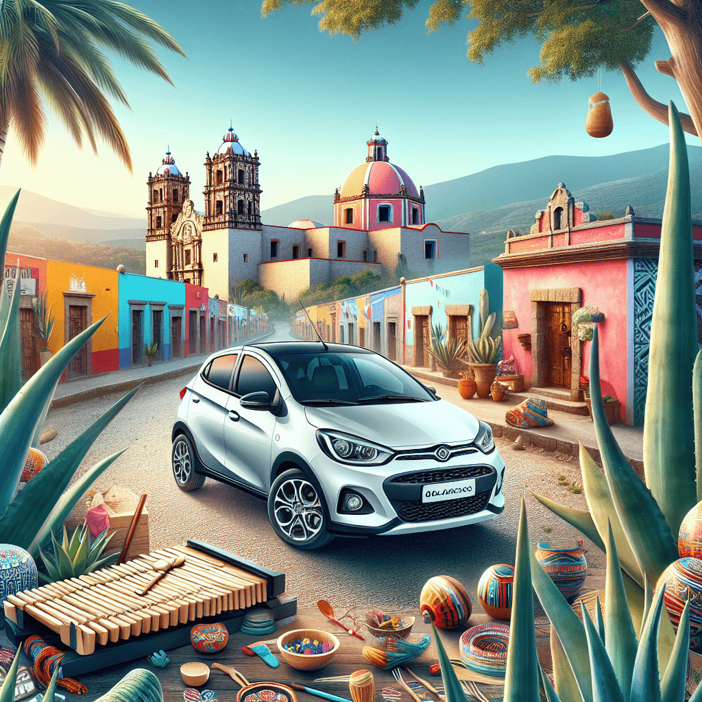 City car in vibrant Oaxacan scenery with agave and marimba