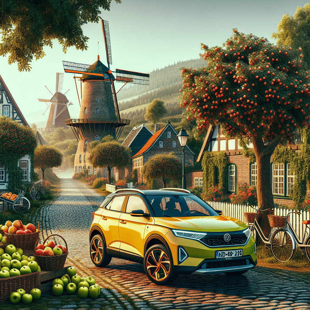 City car amidst windmills, ripe apple trees, and cottages