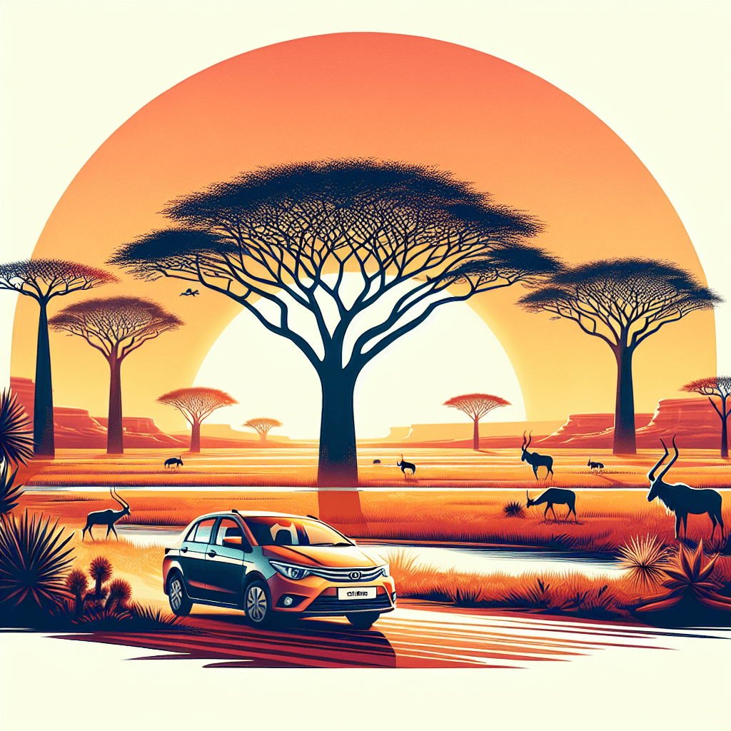City car under Ondangwa sunset by Baobab trees and road