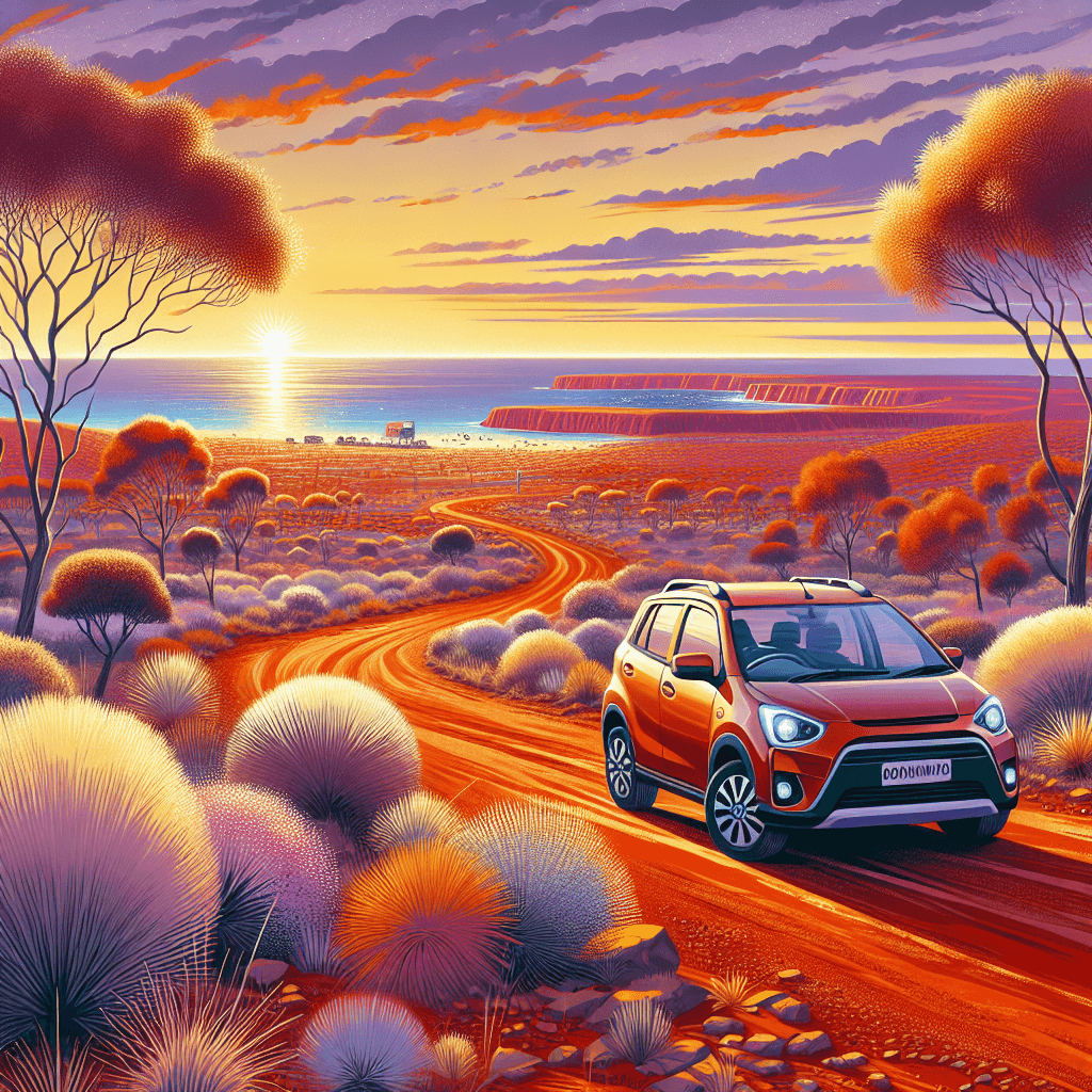 City car parked by red dirt road, surrounding spinifex grasses and boab trees, golden Pilbara sunset hues reflecting off